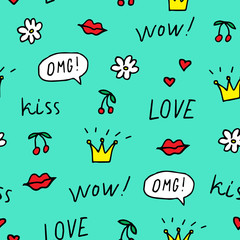 Cute seamless pattern of hand drawn doodle elements on mint green background. Cherry, lips, crowns, flower, speech bubbles, words love, wow, omg, kiss. Vector illustration