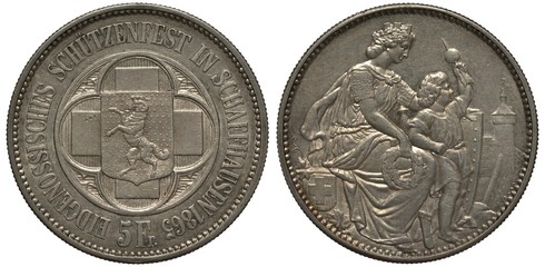 Swiss silver coin 5 five francs 1865, shooting festival in Schaffhausen, stylized shield with Swiss cross, ram, allegorical victory holding laurel wreath, son of Wilhelm Tell? holding apple with arrow