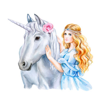 Unicorn and princess and isolated on white background. Unicorn in a flower wreath. Girl with golden hair and horse. Cinderella. Watercolor. Illustration Template. Clipart. Hand drawing