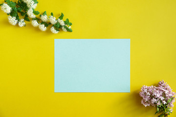 Minimalistic flatlay with flowers and blue empty card on colorful background with copy space. Female blogger concept