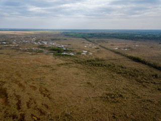 drone image. aerial view of swamp area with foot walk trails
