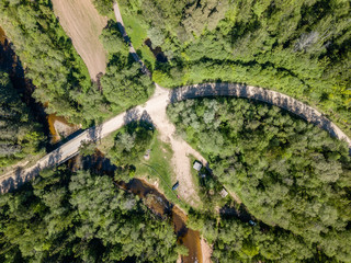 drone image. aerial view of rural area with forest road