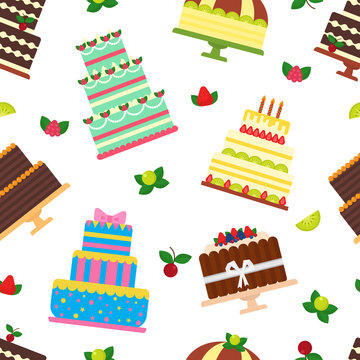 Birthday cake vector cheesecake cupcake for happy birth party baked chocolate cake and dessert from bakery set illustration seamless pattern background