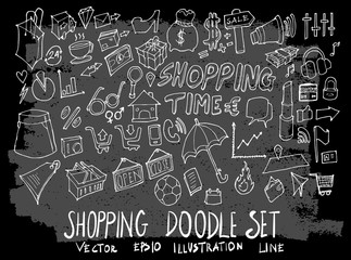 Hand drawn Sketch doodle vector shopping element icon set on Chalkboard eps10