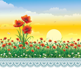 Summer floral landscape against the background of the dawn