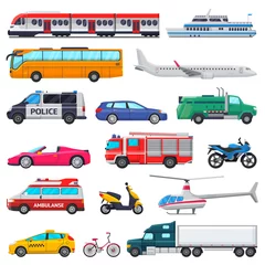 Fotobehang Transport vector public transportable vehicle plane or train and car or bicycle for transportation in city illustration set of ambulance fire-engine and police car isolated on white background © creativeteam