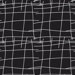 Hand drawn lattice, organic pencil lines seamless vector grid pattern in black and white. Stylish monochrome abstract scribble background. Repeating simple design tiles. Freehand doodle texture.