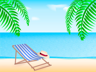 Fototapeta na wymiar Chaise-longue at sea beach. Branch of a palm tree. Vector illustration