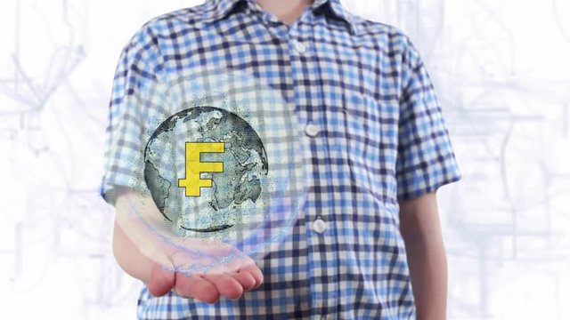 Young man shows a hologram of the planet Earth and Sign FTC. Boy with future technology 3d projection on a modern white digital background