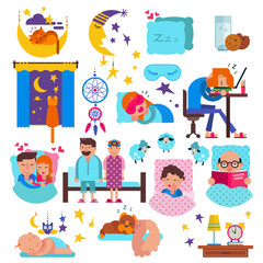Sleeping people vector sleepy cartoon characters and pets sleep on pillow in bed overnight illustration set of sleepers man baby and sleepyhead cat isolated on white background