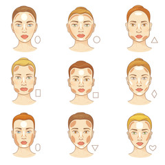 Woman face type vector female character portrait with facial shapes for makeup skintone illustration set of beautiful girls features with cosmetics contour on skin isolated on white background