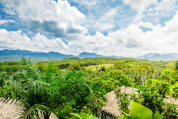 Fototapeta premium Mountain scenery with tropical rain forest in the background and bamboo tents in the foreground during a sunny day at Ratchaprapha Dam at Khao Sok National Park, Surat Thani Province, Thailand