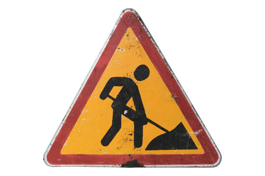 Dirty road sign 'Road works' isolated on white