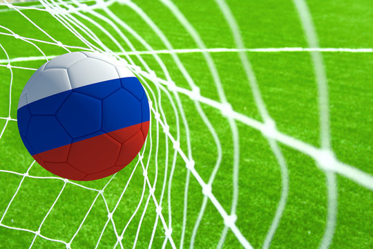 3d rendering of a soccer ball with the flag of Russia in the net.