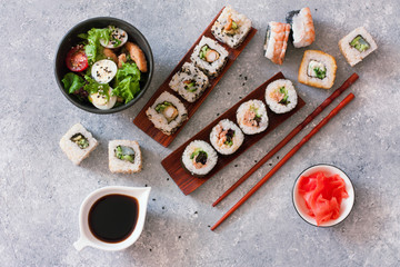 Set of chinese food about of sushi and salad
