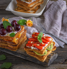 French toast from white bread with cottage cheese, strawberries