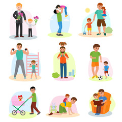 Fototapeta premium Father and child vector dad and kids daughter or son playing together or workout illustration of Fathers day set happy daddy with children isolated on white background