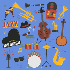 Obraz premium Jazz musical vector instruments tools piano and saxophone music sound illustration of jazzband rock concert note jazz singer entertainment festival music style