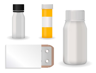 Bottle pack template mockup blank pharmaceutical blister of pills and capsules tube container for drugs clean plastic packaging for medication vector illustration.