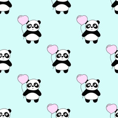 Seamless baby pattern with cute pandas and heart balloons. Best Choice for cards, invitations, printing, party packs, blog backgrounds, paper craft, party invitations, digital scrapbooking.