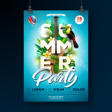 Vector Summer Beach Party Flyer Design with acoustic guitar and toucan on exotic leaf background. Summer nature floral elements, tropical plants, flower, and air balloon with blue sky. Design template