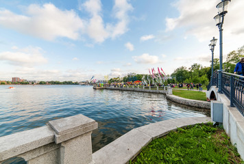 City lake with a park near it in Kaliningrad city in Russia
