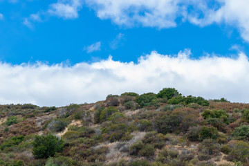 Layer of white clouds cover mountains with blue sky with room for copy text