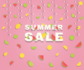 Summer sale banner with sliced fruit and garland.