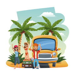 Friends traveling to the beach with car vector illustration graphic design