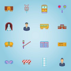 Railroad icons set. Cartoon illustration of 16 railroad vector icons for web
