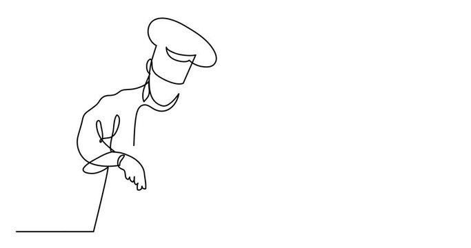 Self drawing animation of continuous line drawing of chef cooking gourmet meal