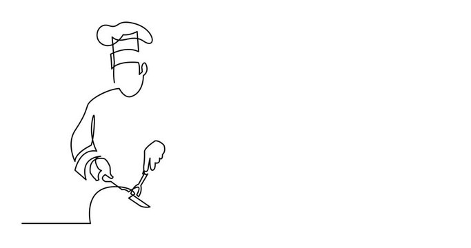 Self drawing animation of continuous line drawing of chef cutting turkey