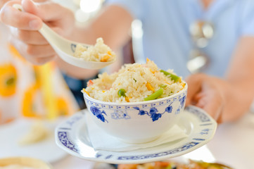 Closeup on chinese dishes tasty appetising background. juicy food on decoration culinary setting surface table. top side view