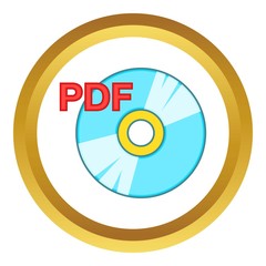 PDF book vector icon in golden circle, cartoon style isolated on white background