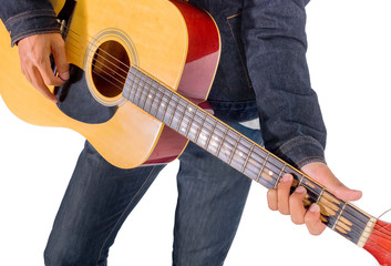A man playing guitar white background