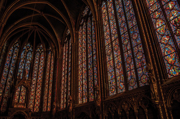 Stained glass windows and baldachin at the Sainte-Chapelle (church) in Paris. Known as the “City of Light”, is one of the most awesome world’s cultural center. Northern France. © Celli07