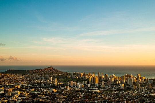 Cityscape at coast at dusk
