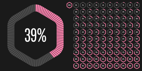 Set of hexagon percentage diagrams from 0 to 100 ready-to-use for web design, user interface (UI) or infographic - indicator with pink