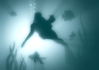 Fototapeta premium Silhouette of diver in the depth of ocean. Seaweed and fishes. The concept of sport diving.