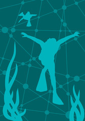 Silhouette of diver. The concept of sport diving. Connected lines with dots on backdrop