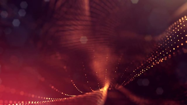 3d loop animation as digital science fiction background of glowing particles like in nano world with depth of field, bokeh. Particles form line, surface grid or mysterious virtual space. Red gold 33