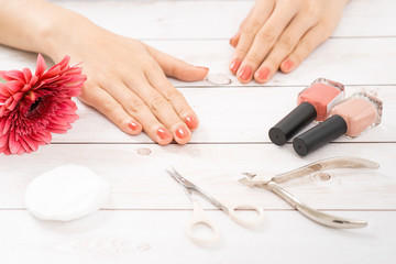 Obraz na płótnie Canvas Nail care and manicure. Beautiful female hands with pink nail polish