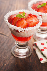 A serving of strawberry over tapioca and jelly