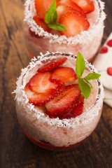 A serving of strawberry over tapioca and jelly