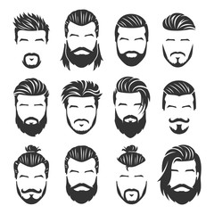 12 Set of vector bearded men faces with different haircuts and style pack