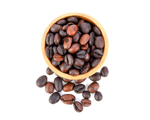 coffee bean on wood bowl isolated on white background