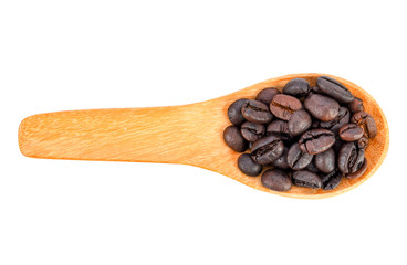 coffee bean on wood spoon isolated on white background