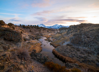 Fototapeta na wymiar A beautiful sunset over the Eastern Sierra from Hot Creek Geological Site