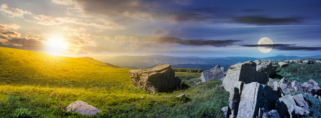 time change over the panorama of Runa mountain. moon and sun on the sky over the huge rocky formation on the hillside and peak in the distance. mysterious landscape of Carpathians - obrazy, fototapety, plakaty