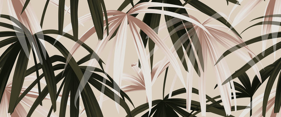 Tropical plant seamless pattern, rose gold and green palm leaves on light pink background